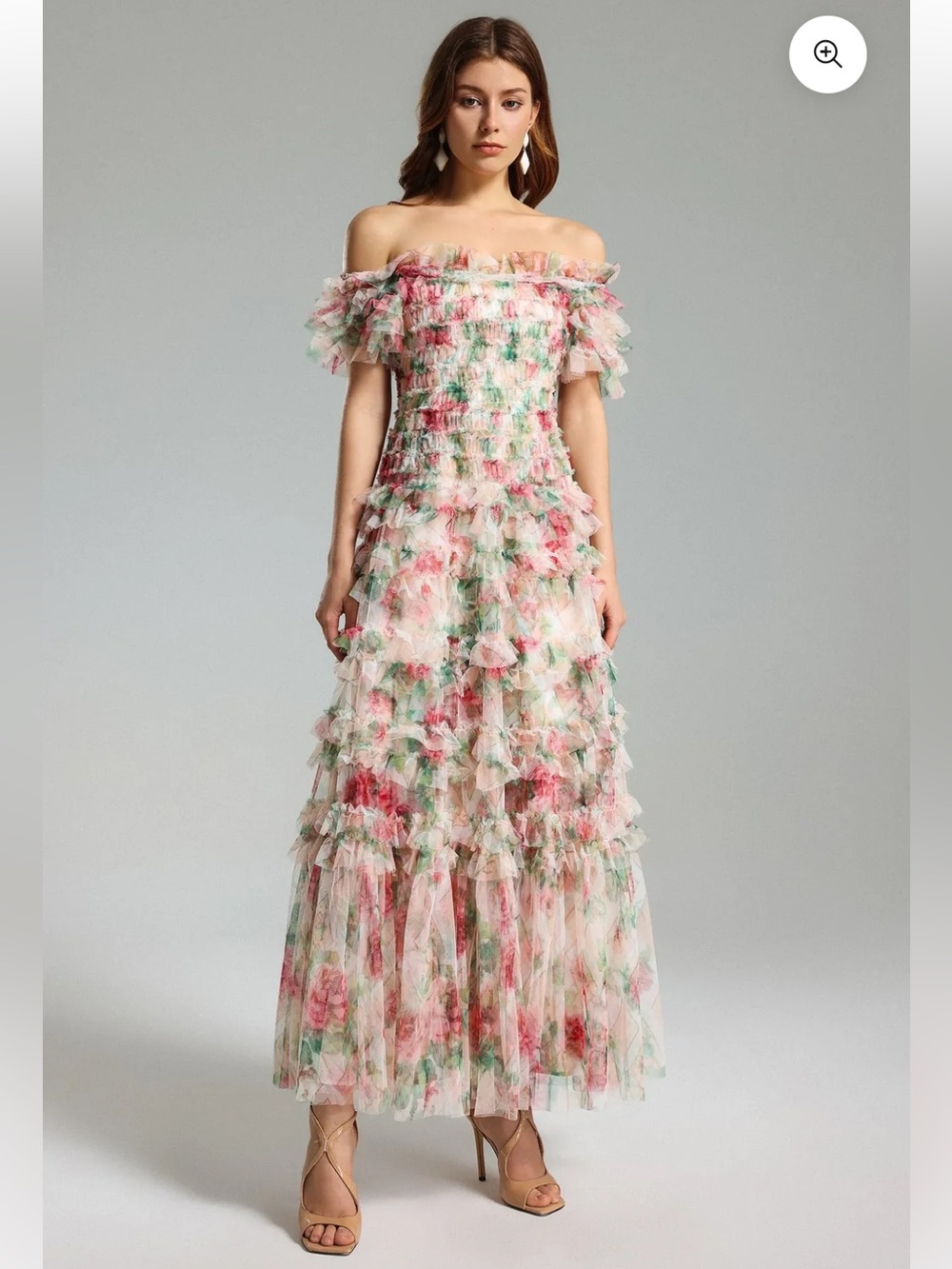 Floral Off-Shoulder Pink & Green Ruffle Maxi Dress